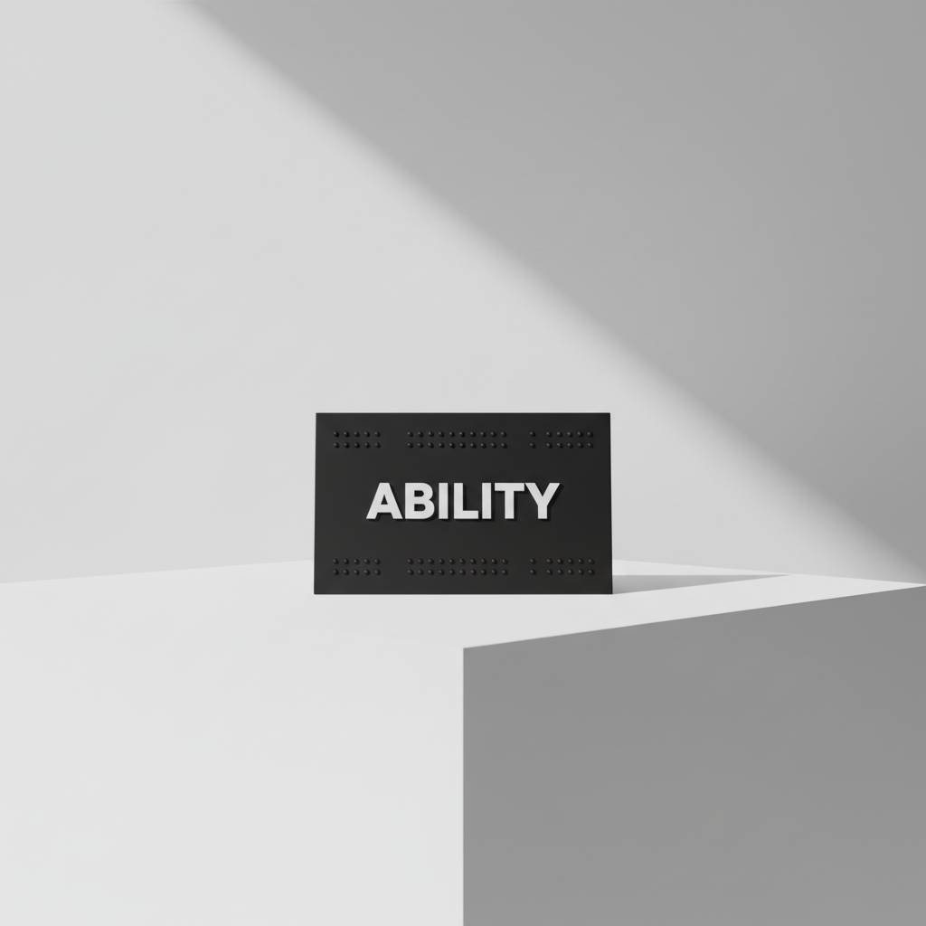 A minimalistic, matte black tactile sign featuring raised Braille dots and a high-contrast, embossed 'ABILITY' word sits on a seamless, white plinth. The environment is intentionally sparse, with pure white negative space amplifying the sign’s presence. A single directional light from the upper left casts sharp-edged, dramatic shadows, enhancing the tactile texture of both the Braille and embossed lettering. The mood is bold, purposeful, and inclusive, highlighting accessibility in a crisp, centered composition. Photographic realism with a minimalist approach ensures the piece communicates the nonprofit’s commitment to ability-first empowerment.