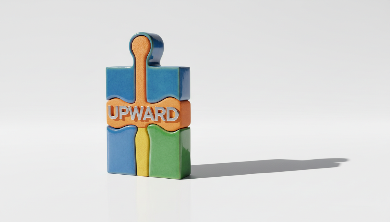 A vibrant, multi-textured puzzle piece made of glazed ceramic and tactile silicone overlays, featuring an embossed 'UPWARD' logo, stands upright against a pure white minimalist surface. The piece is illuminated by intense side lighting from the left, casting a bold, crisp shadow that accentuates its dimensional shapes and surfaces. Carefully arranged negative space surrounds the subject, emphasizing unity and versatility. The mood is energetic yet purposeful, with a centered, eye-level composition in sharp photographic focus. The style is minimalist and contemporary, channeling the bold personality of the site and the theme of coming together to rise through ability.