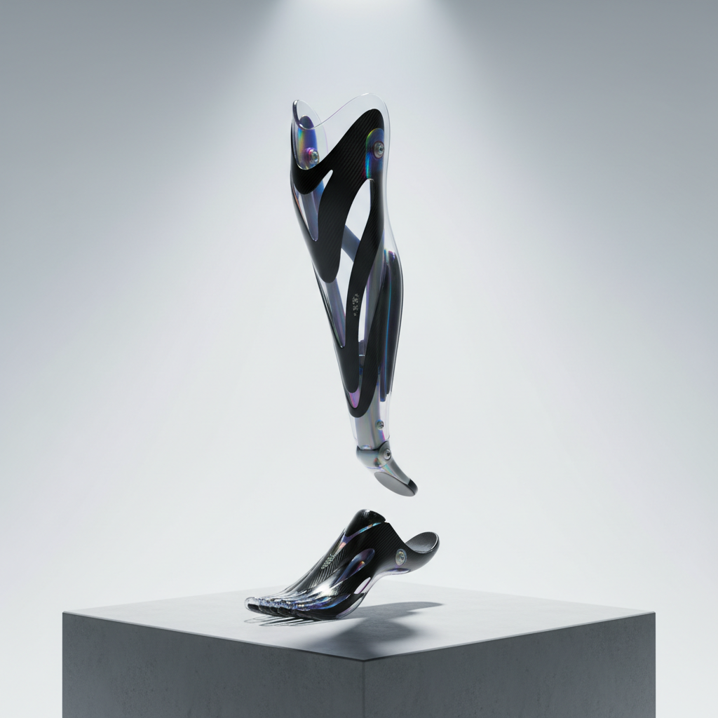 A sleek, translucent acrylic prosthetic limb with carbon fiber detailing, highlighted by subtly iridescent accents, rests upright on a smooth concrete plinth. The backdrop is a seamless, gradient white expanse, maximizing minimalist impact. A focused beam of cool, directional light from above carves pronounced shadows along the contours of the limb, underscoring its innovative design. The atmosphere is bold and progressive, evoking a sense of advanced potential and empowerment. Photographed at a slightly elevated angle for graphic clarity, the image uses sharp focus throughout. The visual embodies the organization’s celebration of abilities over disabilities with a clean, modern photographic realism.