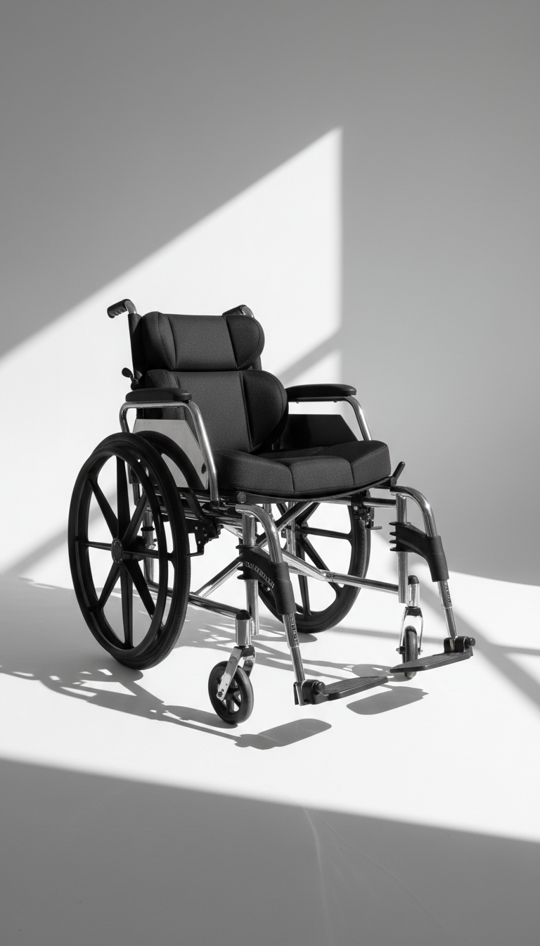 A polished steel wheelchair with matte black, contoured seat cushions and ergonomic hand rims is positioned boldly in the center of a stark, uncluttered white backdrop. The scene is defined by sharp directional lighting streaming from stage right, casting crisp geometric shadows onto the minimalist floor and wall. The intense contrast between the reflective metal and the stark surroundings amplifies presence and purpose, fostering a mood that is empowering and dynamic. Captured from a low, three-quarter angle with the wheelchair dominating the frame, the composition evokes a sense of capability and forward motion. The aesthetic is photographic realism with a high-impact, minimalist style, mirroring the nonprofit’s message of rising through ability.